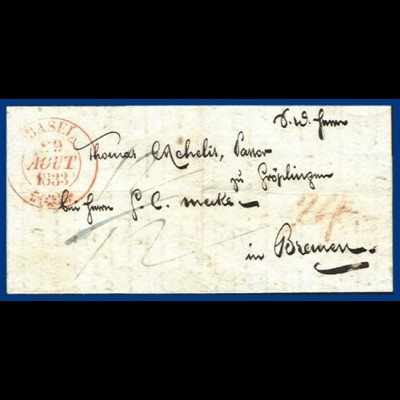 Schweiz 1833, Porto Brief v. Basel n. Bremen. #S149