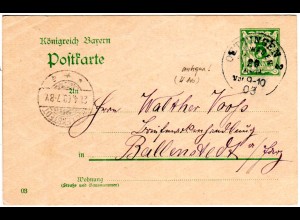 Bayern 1903, seltener Antiqua-K1 OETTINGEN 2 SCHWABEN klar auf 5 Pf. Ganzsache.