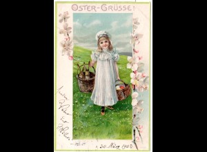 Ostergrüsse m. Mädchen, Hasen u. Eiern im Blütenrahmen, 1902 gebr. Farb-AK