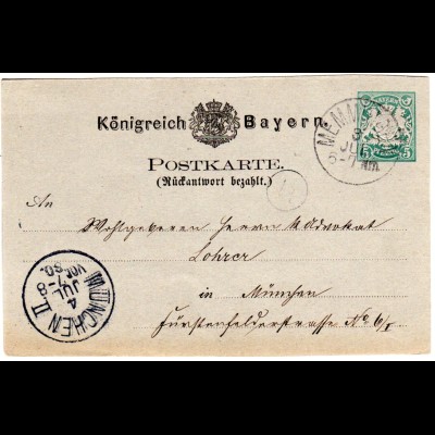 Bayern P 11 II F, 1880 v. K1 Memmingen gebr. 5 Pf. Frageteil Ganzsache
