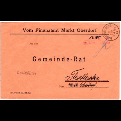 DR 1923, Barfrankierungs-Stpl. v. MARKT OBERDORF auf Drucksache n. Thalhofen