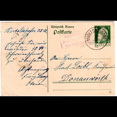 Bayern 1912, Posthilfstelle BERTOLDSHOFEN Taxe MARKT OBERDORF auf 5 Pf Ganzsache