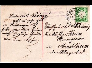Bayern 1907, Posthilfstelle OBERRAMMINGEN Taxe Unterrammingen auf Karte m. 5 Pf.