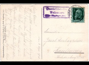 Bayern 1913, Posthilfstelle WELLENBURG Taxe Göggingen auf Schloss-AK m. 5 Pf.