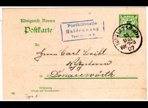 Bayern 1907, Posthilfstelle HALDENWANG Taxe Burgau 2 Typ 1 auf 5 Pf. Ganzsache.
