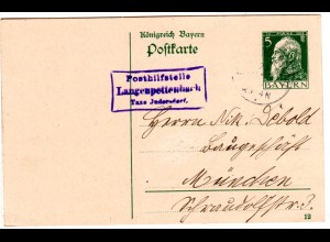 Bayern 1913, Posthilfstelle LANGENPETTENBACH Taxe Jndersdorf auf 5 Pf. Ganzsache