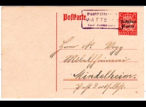 Bayern 1919, Posthilfstelle MATTSIES Taxe Tussenhausen auf 10 Pf. Ganzsache