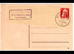 Bayern 1914, Posthilfstelle WILLMATSHOFEN Taxe Fischach auf Briefstück m. 10 Pf