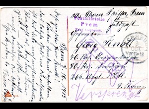 Bayern 1915, Posthilfstelle PREM Taxe Lechbruck auf Feldpostkarte m. R1 Zurück
