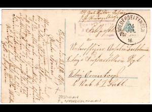 Bayern 1916, Posthilfstelle Jrsingen Taxe Wiedergeltingen auf Feldpostkarte 