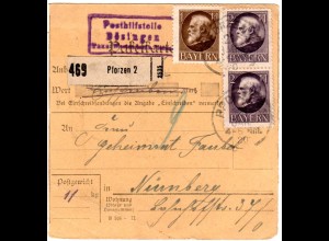 Bayern 1920, Posthilfstelle BÖSINGEN Taxe Westendorf b. Pforzen auf Paketkarte 