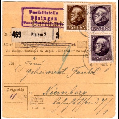 Bayern 1920, Posthilfstelle BÖSINGEN Taxe Westendorf b. Pforzen auf Paketkarte 