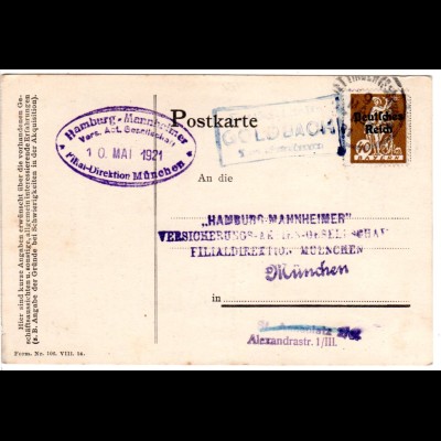 DR 1921, Bayern Posthilfstelle GOLDBACH Taxe Wellenhausen auf Karte m. 40 Pf. 