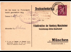 DR 1922, Bayern Posthilfstelle RÖTHENBACH i. ALLGÄU auf Karte m. 50 Pf. 