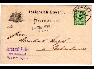 Bayern 1898, Aushilfstpl. L1 BABENHAUSEN als Ank.Stpl. auf Ganzsache m. 5 Pf. 