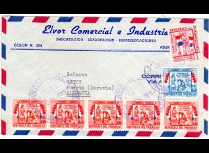 Paraguay 1957, 7 Werte Heroes Del Chaco auf Firmen Luftpost Brief n. Deutschland