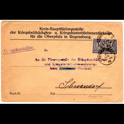 DR 1923, Kriegsbeschädigtenfürsorge Brief v. Regensburg m. 2x10 Mk. Dienst