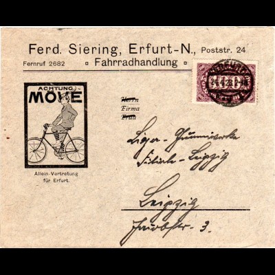 DR 1923, EF 100 Mk. auf Firmen Brief v. Erfurt n. Leipzig m. Abb. Fahrradfahrer