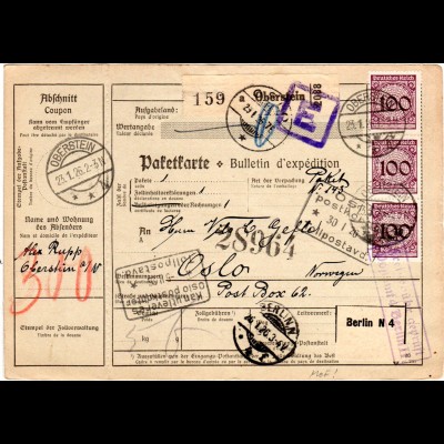 DR 1926, MeF 3x100 Pf. auf Paketkarte v. Oberstein n. Norwegen. Gebühr geprüft.