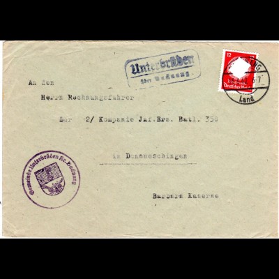 1942, Landpost Stpl. UNTERBRÜDEN über Backnang auf Brief m. 12 Pf. Dienst 