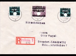Generalgouvernement 1940, 50+40+50 Gr. auf Einschreiben Brief v. Krakau 1