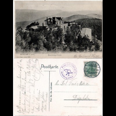 DR 1907, Posthilfstelle STEINBERG-HOTEL auf entspr. AK m. 5 Pf. u. Stpl. Goslar