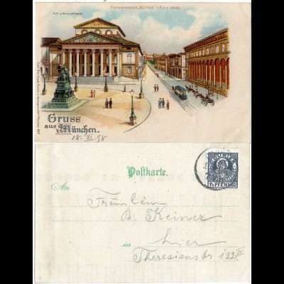 Gruss aus München, 1898 gebr. Meteor Transparentpostkarte m. Theater u. Trambahn