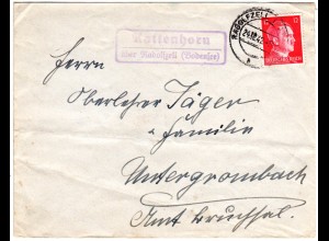 DR 1942, Landpost Stpl. KATTENHORN über Radolfzell auf Brief m. 12 Pf.