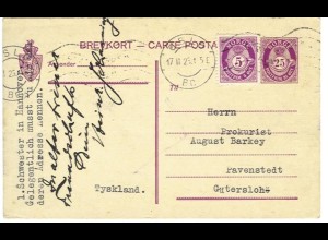 Norwegen 73, 25 öre Ganzsache Karte m. Zusatzfr. 1925 n. Deutschland. #S196