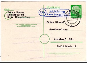 BRD 1956, Landpost Stpl. 13b LOICHING über Dingolfing auf Karte m. 10 Pf.