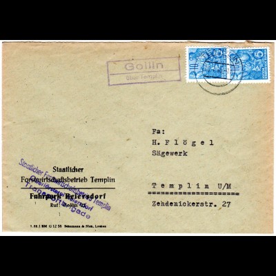 DDR 1953, Landpost Stpl. GOLLIN über Templin auf Brief m. 2x10 Pf. 