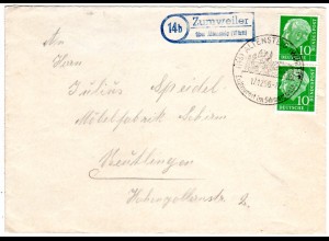 BRD 1956, Landpost Stempel 14b ZUMWEILER über Altensteig auf Brief m. 2x10 Pf. 
