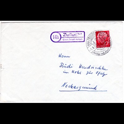 BRD 1958, Landpost Stempel 14b ZUFLUCHT über Freudenstadt auf Brief m. 20 Pf. 
