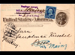 USA 1897, Ganzsache v. New Bedfort, Mass. m. Posen Nachsende-Hinweisstempel