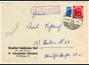 BRD 1952, Landpost Stempel 16 SCHWALEFELD b. Willingen auf Brief m. 20 Pf. 