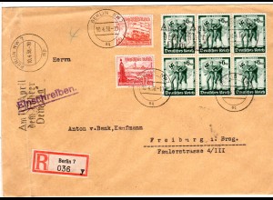 DR 10.4.1938, 6er-Block 6 Pf. + 8+12 Pf. WHW auf Einschreiben Brief v. Berlin