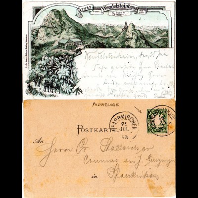 Bayern 1893, Postablage-K1 WENDELSTEINHAUS auf Vorläufer Litho-AK m. 5 Pf.