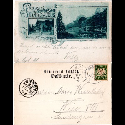 Bayern 1897, Postablage-K1 HINTERSEE auf Gruss aus-AK m. 5 Pf.
