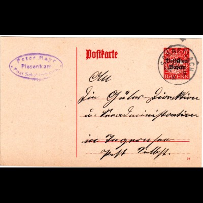 Bayern 1919, K 1 SCHAFTLACH auf 10 Pf. Ganzsache m. Piesenkam Absenderstpl.