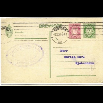 Norwegen 1921, 5+10 öre Ganzsache m. 2 Wertstempeln, auslandsgebr. n. DK. #S146