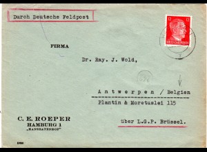 DR 1943, 12 Pf. auf Auslands Brief v. Hamburg n. Belgien. Europaporto!
