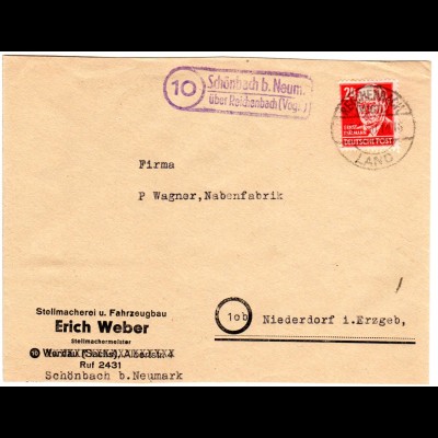 SBZ 1950, Landpost Stpl. 10 SCHOENBACH über Reichenbach auf Brief m. 24 Pf.