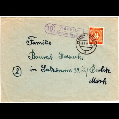 1947, Landpost Stempel 10 KUERBITZ über Plauen auf Brief m. 24 Pf.
