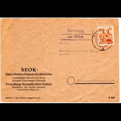 1948, Landpost Stempel KEMMLITZ über Oschatz auf Firmen Brief m. 24 Pf.
