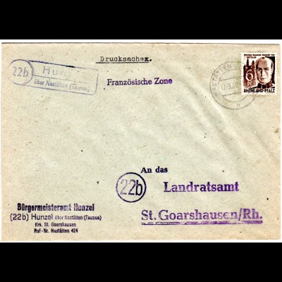 1947, Landpost Stempel 22b HUNZEL über Nastätten auf Bürgermeister Brief m. 6 Pf