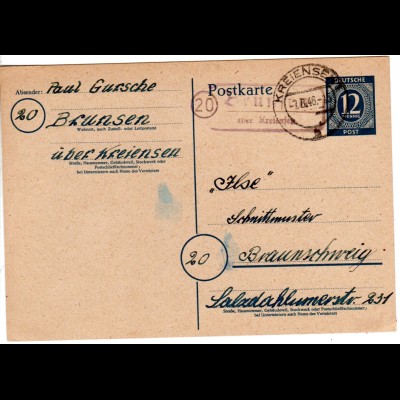 1946, Landpost Stempel 20 BRUSEN über Kreiensen auf 12 Pf. Ganzsache