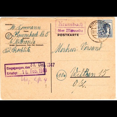 1947, Landpost Stempel KRUMBACH über Mittweida auf Karte m. 12 Pf.