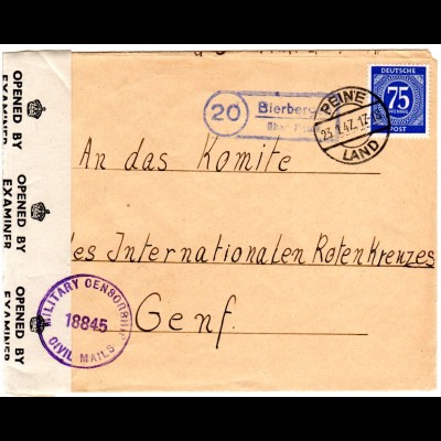 1947, Landpost Stempel 20 BIERBERGEN über Peine auf Zensur Brief m. 75 Pf. 