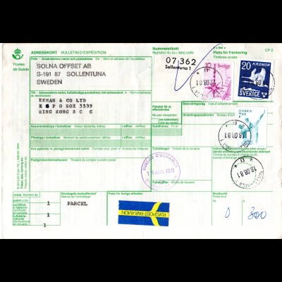 Schweden 1981, 7+10+20 Kr.auf Luftpost Paketkarte v. Sollentuna n. Hong Kong