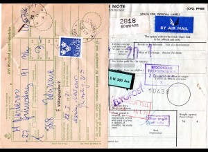 GB 1971, Luftpost Paketkarte v. EDGWARE m. Schweden Porto u. Postformular
